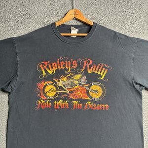 Ripleys Motorcycle Rally T-Shirt Men 2XL Black Flame Skeleton Biker Y2K Grunge